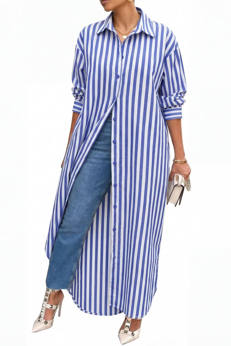 Choichic Shirt Dresses for Women Casual Cotton Long Button Down Oversized Striped Maxi Dress Cover Up with Pockets XX-Large Blue - Image 2