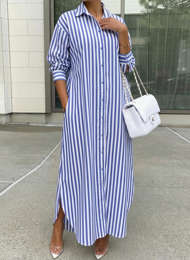Choichic Shirt Dresses for Women Casual Cotton Long Button Down Oversized Striped Maxi Dress Cover Up with Pockets XX-Large Blue - Image 4