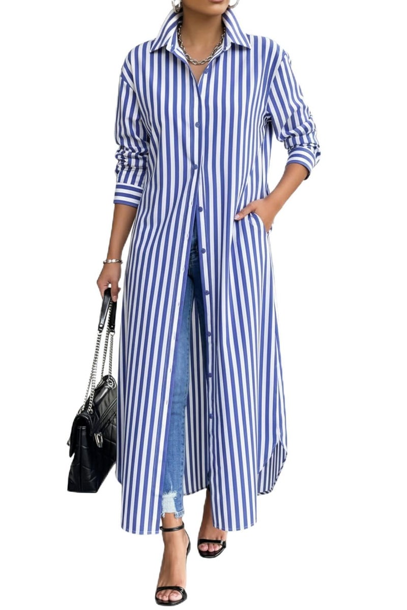 Choichic Shirt Dresses for Women Casual Cotton Long Button Down Oversized Striped Maxi Dress Cover Up with Pockets XX-Large Blue - Image 1
