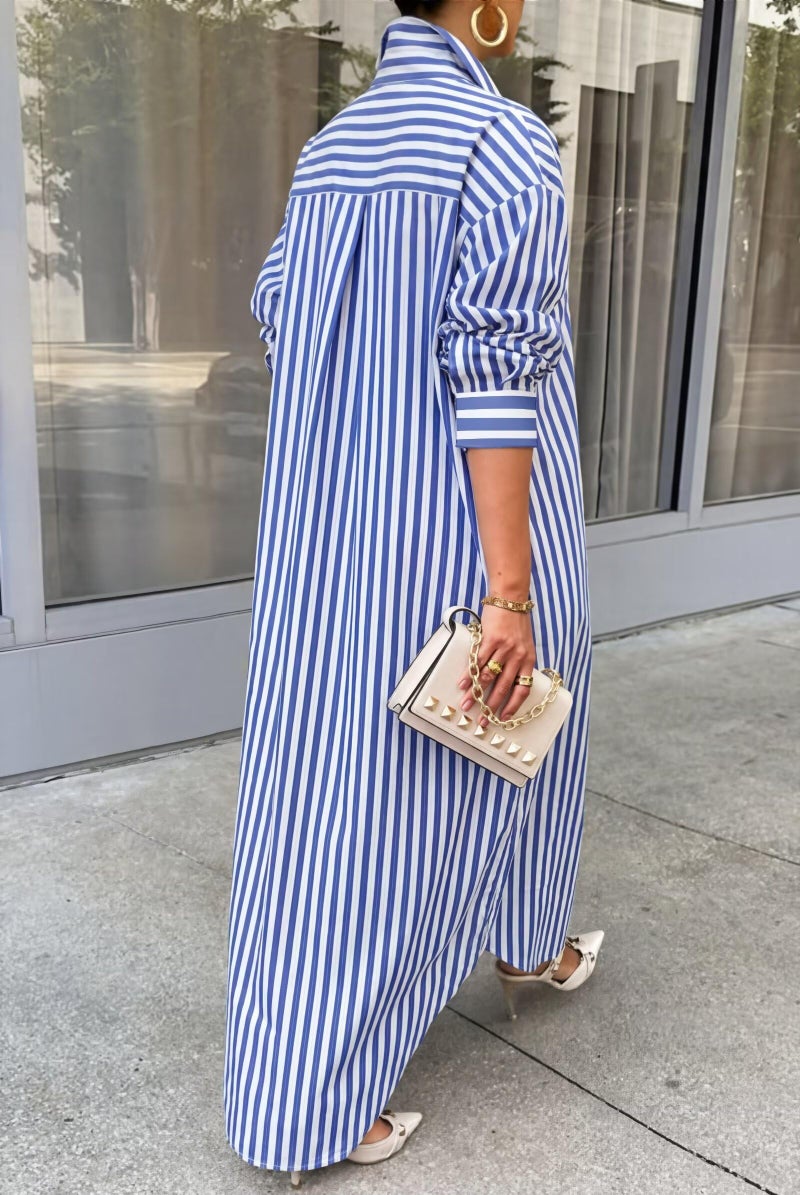 Choichic Shirt Dresses for Women Casual Cotton Long Button Down Oversized Striped Maxi Dress Cover Up with Pockets XX-Large Blue - Image 5