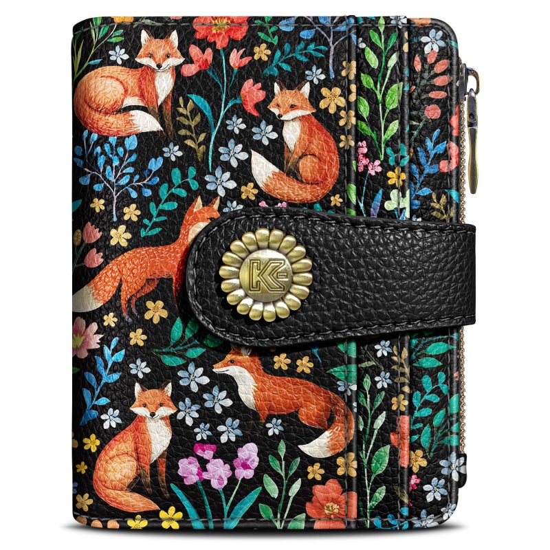 Kelvoris Cute Floral Fox Flowers Boho Small Rfid Women Wallet Bifold Zipper Coin Pocket PU Leather Compact Cash Credit Card Holder Travel Wallet for Female Ladies Teen Girls 1 ID Window 10 Card Slots - Image 1