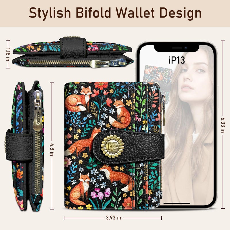 Kelvoris Cute Floral Fox Flowers Boho Small Rfid Women Wallet Bifold Zipper Coin Pocket PU Leather Compact Cash Credit Card Holder Travel Wallet for Female Ladies Teen Girls 1 ID Window 10 Card Slots - Image 5