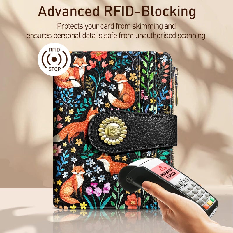 Kelvoris Cute Floral Fox Flowers Boho Small Rfid Women Wallet Bifold Zipper Coin Pocket PU Leather Compact Cash Credit Card Holder Travel Wallet for Female Ladies Teen Girls 1 ID Window 10 Card Slots - Image 3
