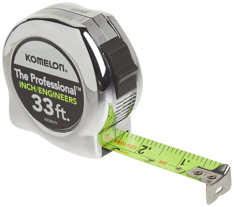 Komelon 433IEHV High-Visibility Professional Tape Measure both Inch and Engineer Scale Printed 33-feet by 1-Inch, Chrome - Image 1