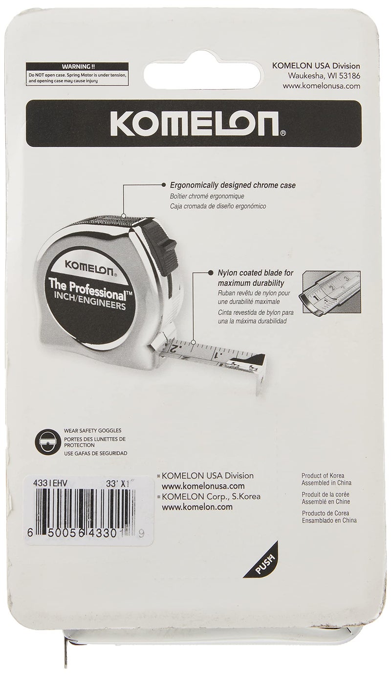 Komelon 433IEHV High-Visibility Professional Tape Measure both Inch and Engineer Scale Printed 33-feet by 1-Inch, Chrome - Image 4