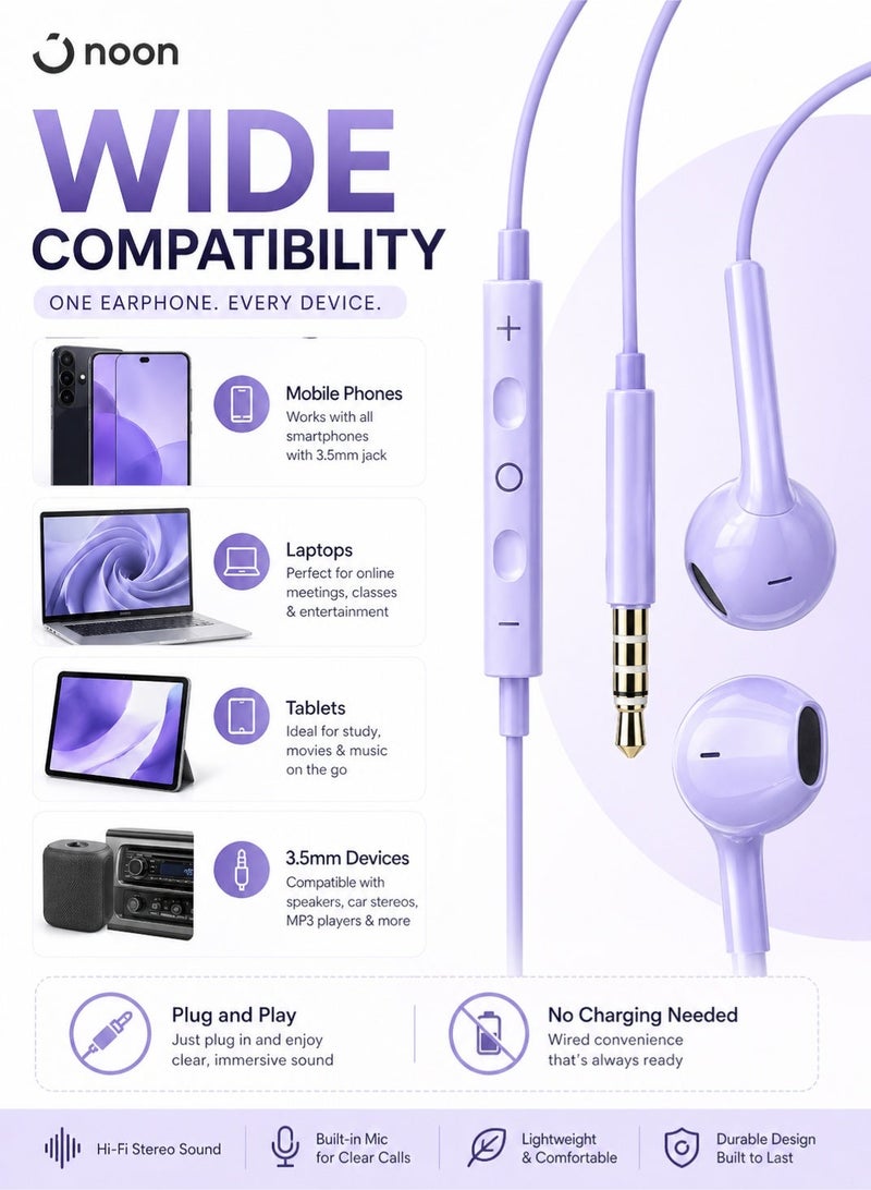 Leoxol Wired Earphones With Mic | 3.5mm Jack Stereo Bass In Ear Headphones | Purple In Line Control Earbuds For Mobile Laptop Tablet - Image 3