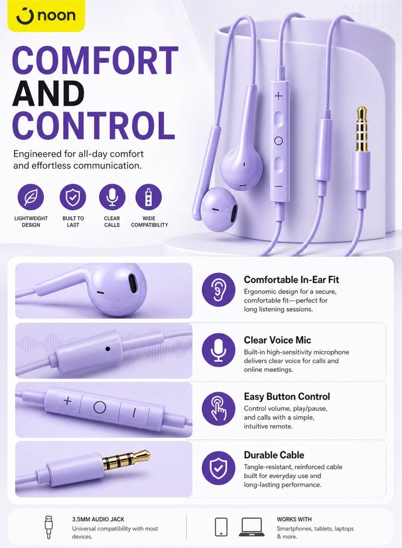 Leoxol Wired Earphones With Mic | 3.5mm Jack Stereo Bass In Ear Headphones | Purple In Line Control Earbuds For Mobile Laptop Tablet - Image 4