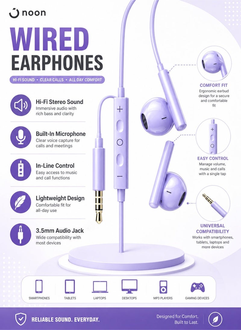 Leoxol Wired Earphones With Mic | 3.5mm Jack Stereo Bass In Ear Headphones | Purple In Line Control Earbuds For Mobile Laptop Tablet - Image 5