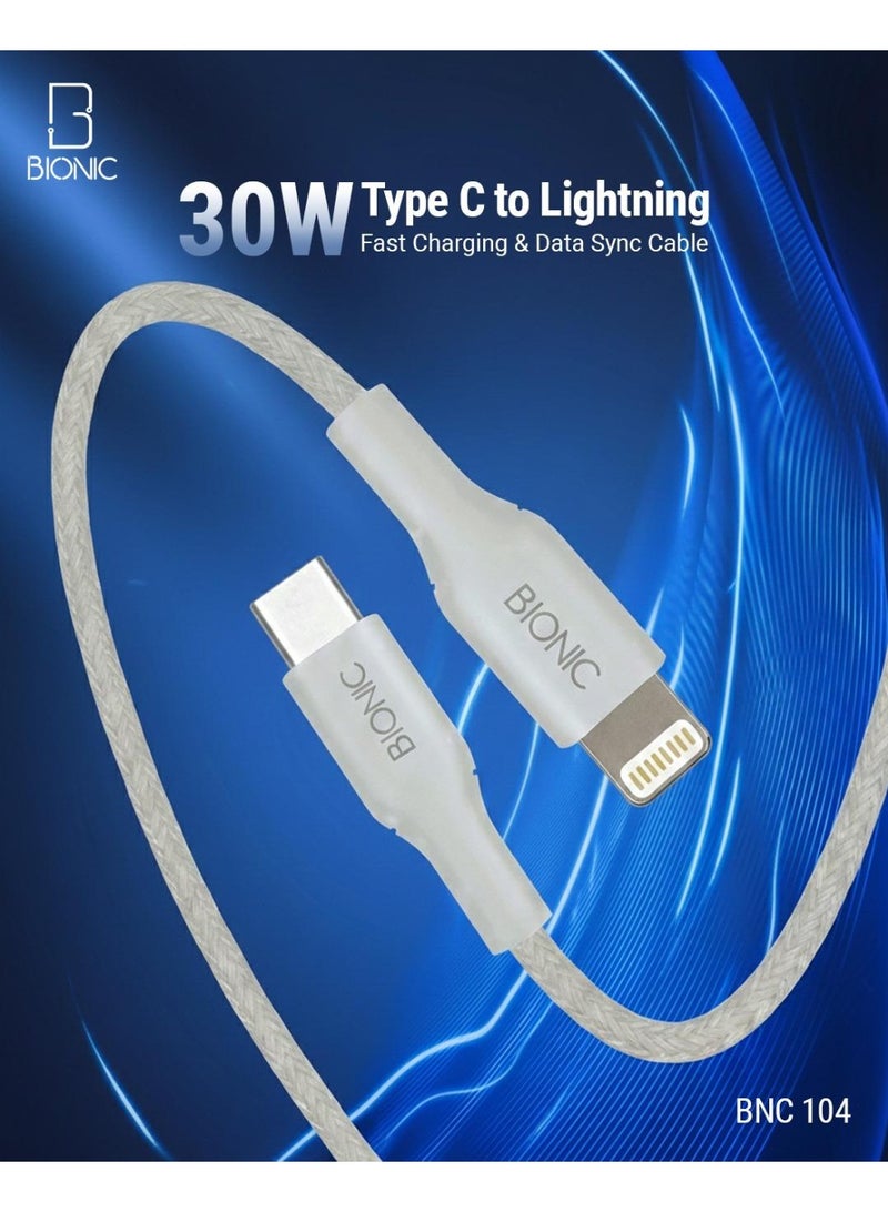 BIONIC 30W Fast Charging Type-C to Lightning Cable - 1M White Braided Cord for iPhone & iPad - Image 2