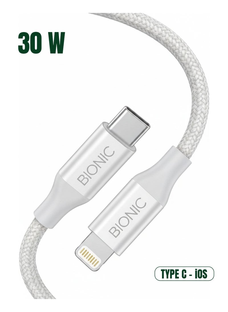 BIONIC 30W Fast Charging Type-C to Lightning Cable - 1M White Braided Cord for iPhone & iPad - Image 1