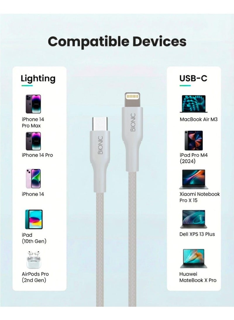 BIONIC 30W Fast Charging Type-C to Lightning Cable - 1M White Braided Cord for iPhone & iPad - Image 4