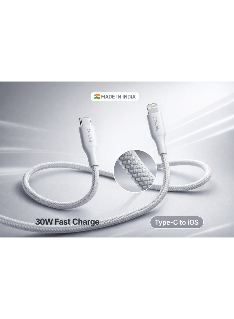 BIONIC Premium 30W Fast Charging Type-C to Lightning Cable - 1M White Braided Cord for iPhone & iPad - Image 2