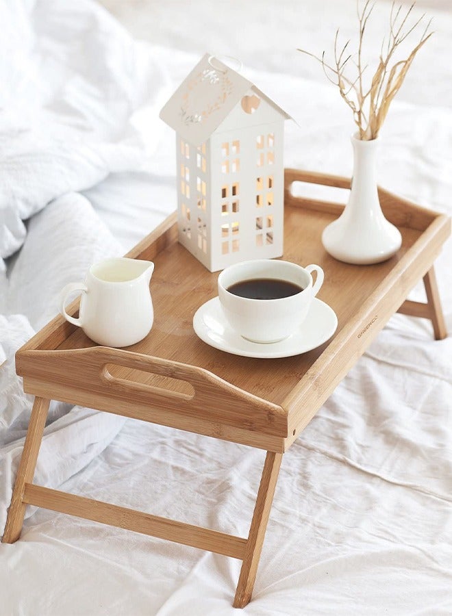 توشيونيكس صينية سرير قابلة للطي من الخيزران لتناول الإفطار وتناول الطعام، صواني محمولة للكمبيوتر المحمول مع أرجل قابلة للطي تخدم الركوع الجانبي ومكتب لاب قابل للغسل - Image 1