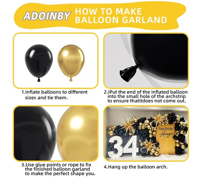ADOINBY Black and Gold Balloon Arch Kit, 140Pcs Explosion Star Black and Metallic Gold Balloons 22 18 12 10 5 Inch Different Size Balloons for Birthday Anniversary Graduation New Year Decorations - Image 3