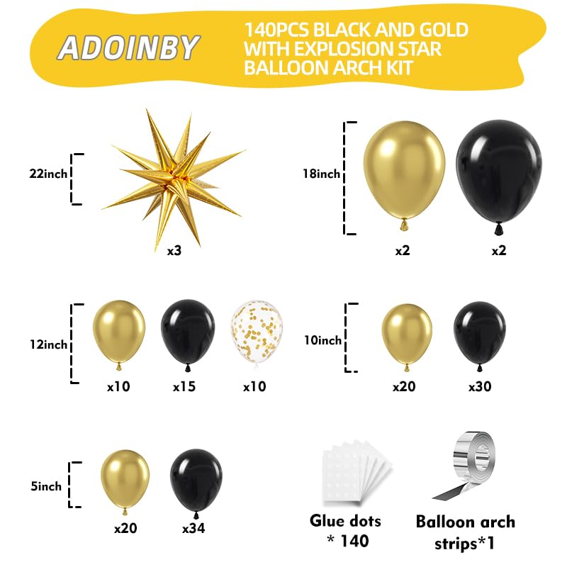 ADOINBY Black and Gold Balloon Arch Kit, 140Pcs Explosion Star Black and Metallic Gold Balloons 22 18 12 10 5 Inch Different Size Balloons for Birthday Anniversary Graduation New Year Decorations - Image 2