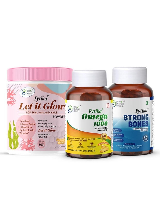 Fytika Let it Glow Pineapple, Collagen Powder-200G + Fytika Omega 1000 (Omega-3 Fatty acids)-60 Caps + Fytika Strong bones with Calcium and Vitamin D2-60 Tabs - Image 1