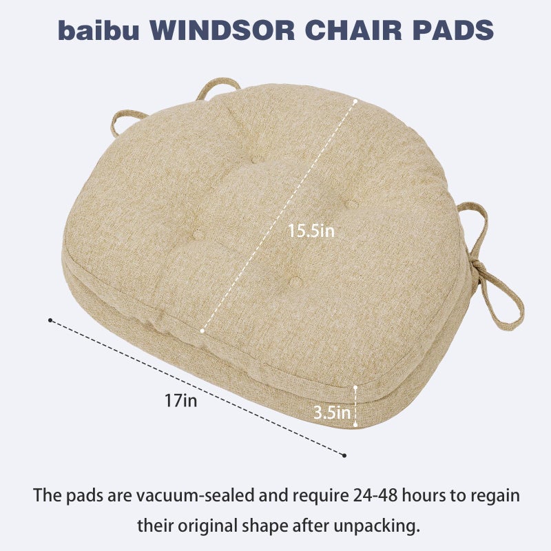 baibu Kitchen Chair Cushions Set of 2, Dual-Layer Patented Design Memory Foam Windsor Seat Pads, Dining Chair Cushions with Ties & Washable Cover, 17x 15.5 x 3.5in, 2 Pack, Beige - Image 3