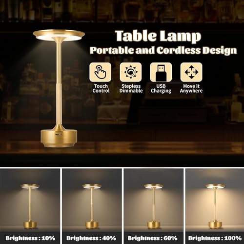 Desidiya Metal Rechargeable Cordless Led Table Lamps Touch Sensor Light, 3-Levels Portable Dimming Wireless Battery Operated Lamp,Nightstand Lamp/Night Light/Restaurant Table/Outdoor/Coffee/Bar(Gold) - Image 3
