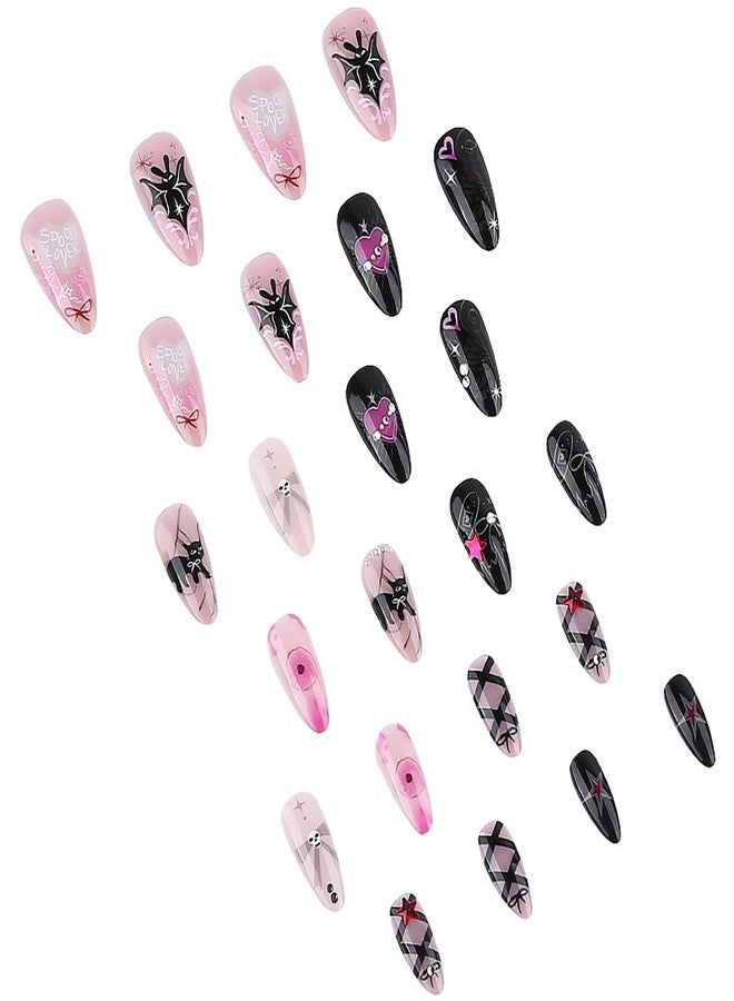 KRTBKR 24Pcs Gothic Press on Nails Medium Almond Fake Nails Cat Bow Heart with Rhinestones Gems Charms Glitter Design Full Cover Y2k Glue on Nails Black Pink False Nails for Women Artificial Acrylic Nails - Image 3