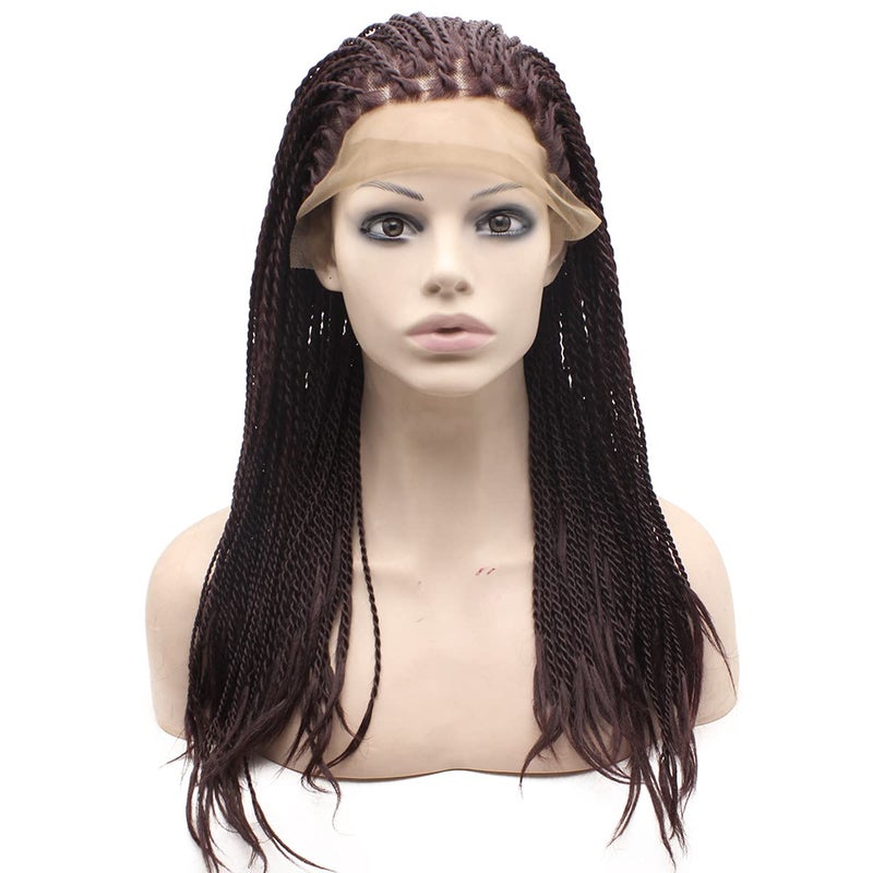 Mxangel Twist Braided Dark Burgundy Red Half Hand Tied Synthetic Lace Front Wig Heat Resistant Fiber Hair