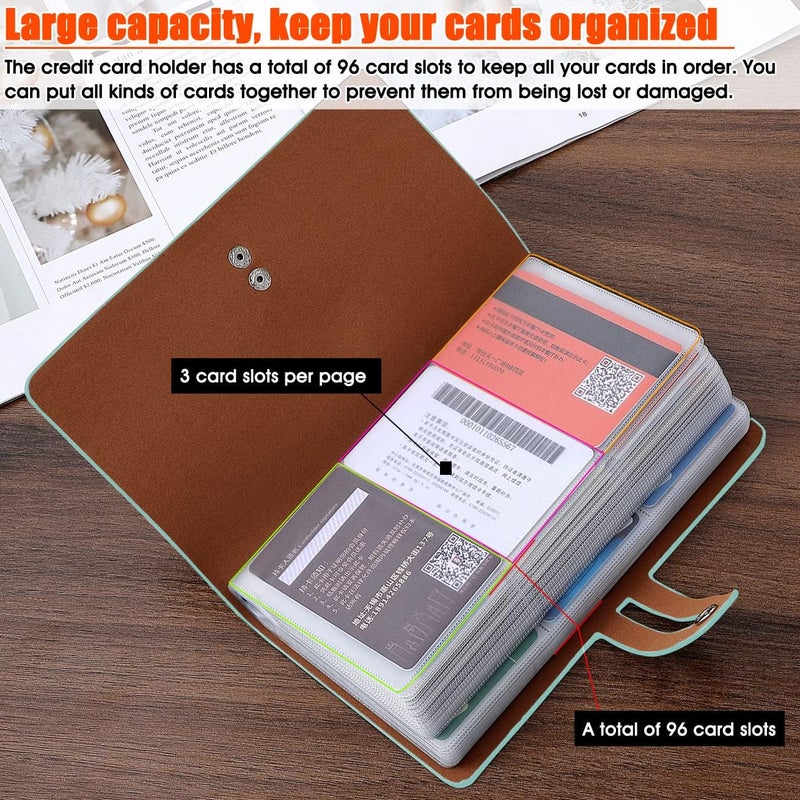 Romozi RFID Credit Card Holder, Leather Business Card Organizer with 96 Card Slots, Credit Card Case for Managing Your Different Cards and Important Documents to Prevent Loss or Damage (Light Green) - Image 5
