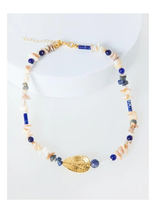 Blue metal leaf figure adjustable necklace with natural stone.