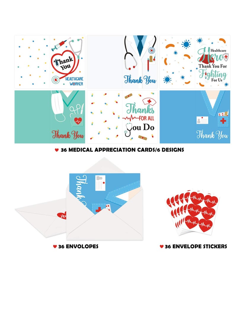 Suntown بطاقة شكر للعاملين في مجال الرعاية الصحية، 36 حزمة بطاقات شكر هدايا للأطباء هدايا للممرضين، بطاقة تقدير طبية للممرضين، الأطباء، EMTs والعاملين الأساسيين، مجموعة بطاقات هدايا مع أظرف وملصقات - Image 3