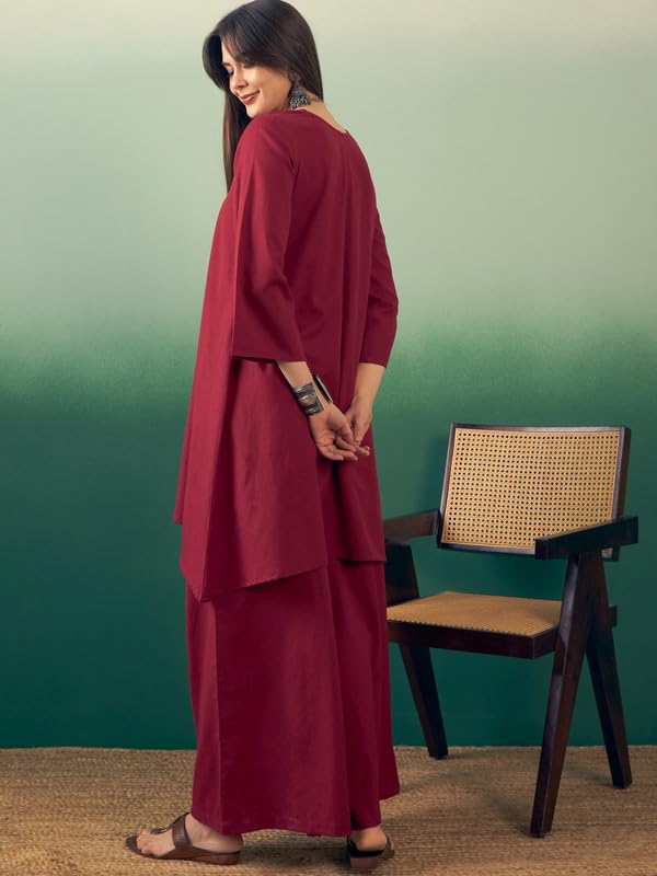 InWeave BURGUNDY V NECK LONG FULL SLEEVE KURTA PALAZZO SET - Image 3