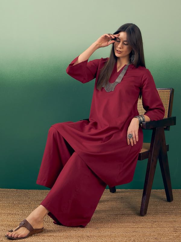 InWeave BURGUNDY V NECK LONG FULL SLEEVE KURTA PALAZZO SET - Image 5