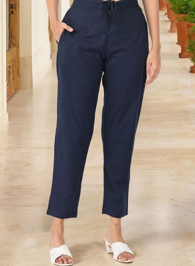 ISHIN Women's Navy 100% Cotton Embellished Tunic Top With Ankle Palazzo Flared 3 Peice Kurta Set