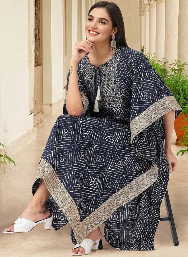 ISHIN Women's Navy 100% Cotton Embellished Tunic Top With Ankle Palazzo Flared 3 Peice Kurta Set - Image 1