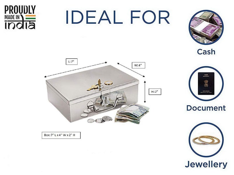 GinoSet ® Stainless Steel Cash/Coin/Jewellery Storage Rectangular Silver Boxes with Pre-Fitted Lock (7" X 4" X 2.5") (With Pre fited One Lock & 2 Key) (Small Poj 7) - Image 1