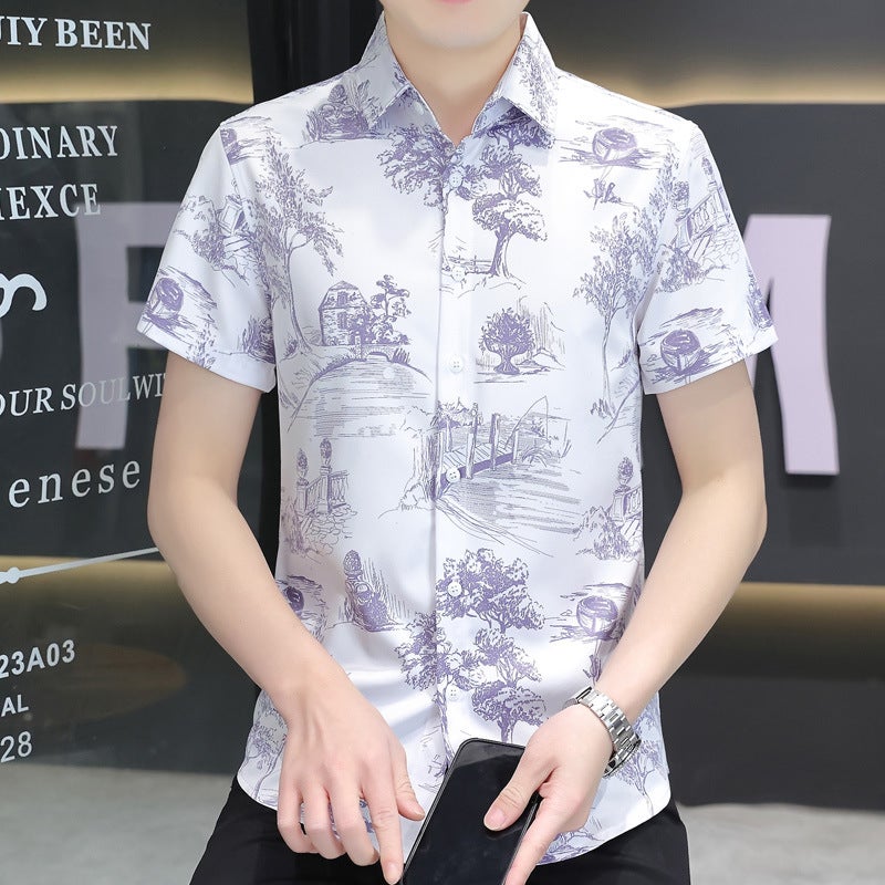 H543 Junior Summer Ice Silk Digital Printing Explosions Short-Sleeved Casual Shirt - Image 3