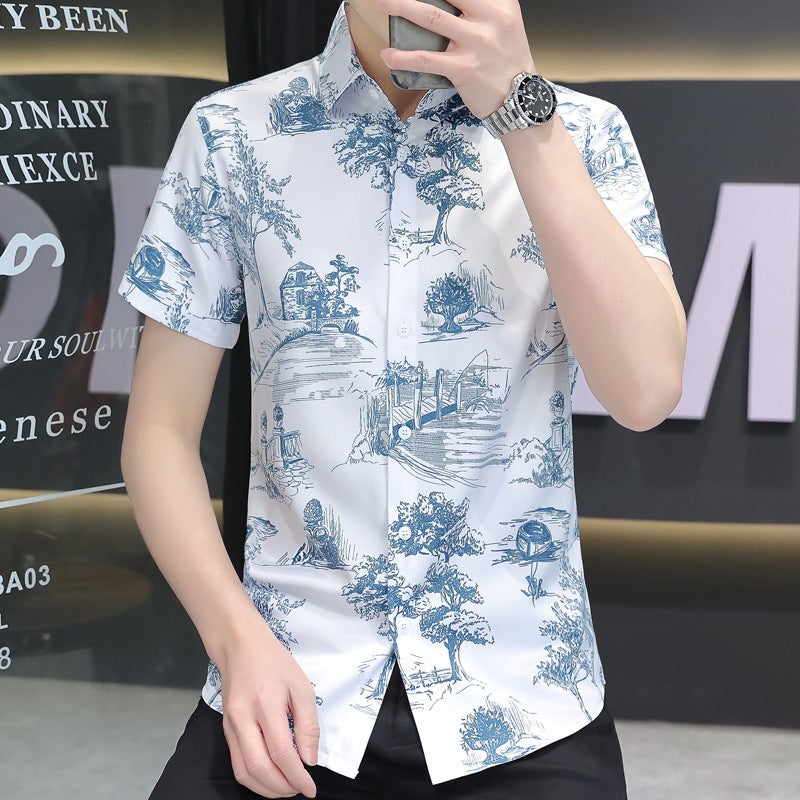 H543 Junior Summer Ice Silk Digital Printing Explosions Short-Sleeved Casual Shirt - Image 1