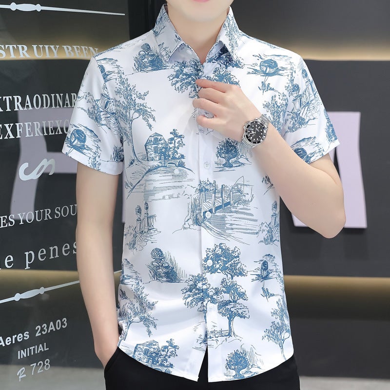 H543 Junior Summer Ice Silk Digital Printing Explosions Short-Sleeved Casual Shirt - Image 4