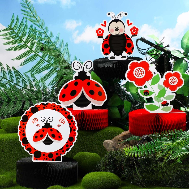 Sumind 9 Pieces Ladybug Party Decorations Supplies Ladybug Table Decorations Honeycomb Centerpieces Birthday Party Cake Decorations Creative Fancy Ball Table Topper Ladybug Paper for Baby Shower Supply - Image 4