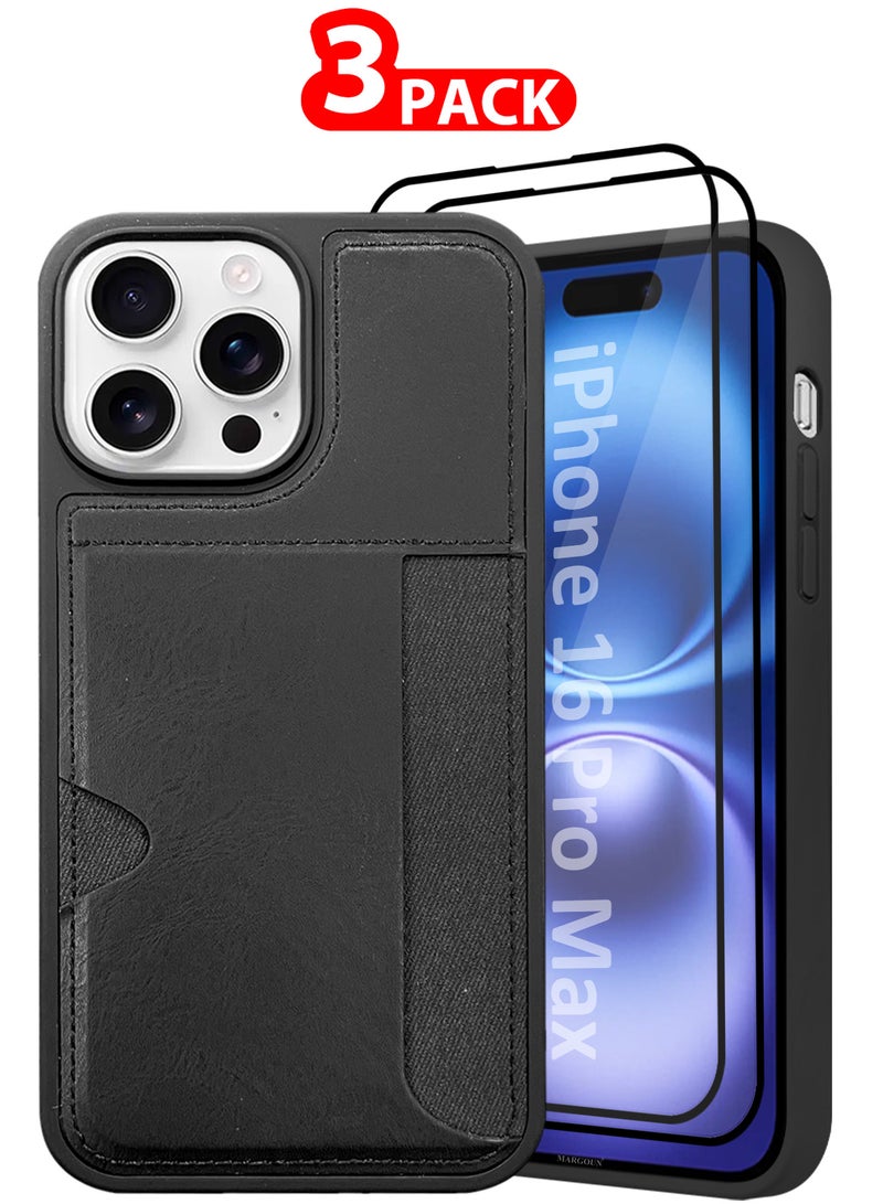 CATANES iPhone 16 Pro Max 3Packs Case Leather Antifingerprint Cover with Wallet Card Slot Shell, Side Insert Card Holder, Anti Fall Protection - Black  - Image 2