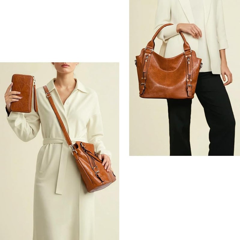 Soperwillton Crossbody Bags for Women Large Hobo Purse PU Leather Shoulder Handbag Ladies Tote Wallet Set 2PCS - Image 2