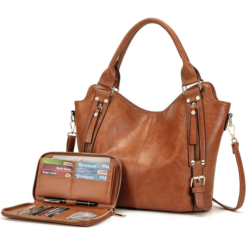 Soperwillton Crossbody Bags for Women Large Hobo Purse PU Leather Shoulder Handbag Ladies Tote Wallet Set 2PCS - Image 1