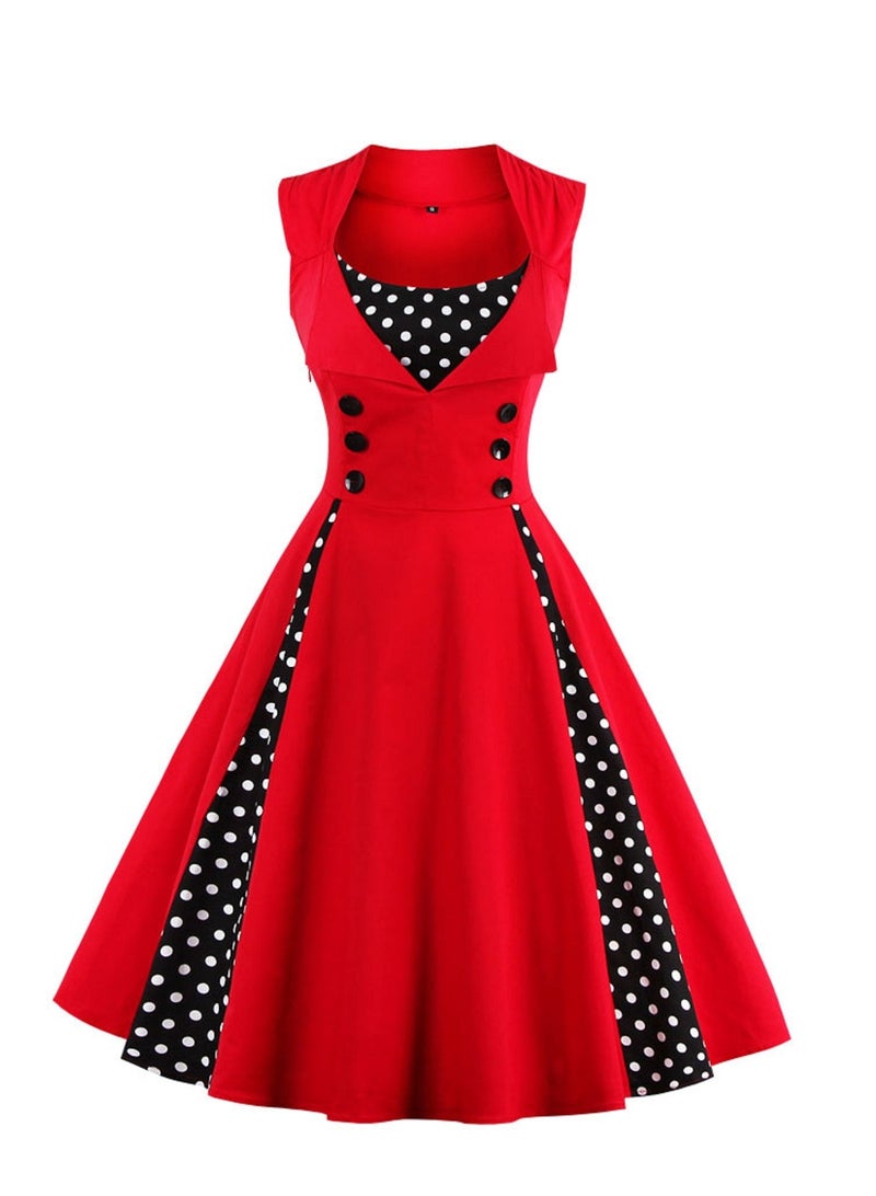 Loquat Patchwork Vintage Polka Dot Dresses Red/Black  - Image 1