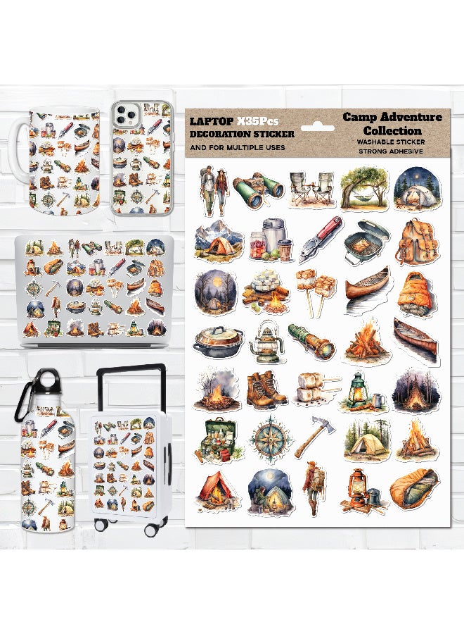 Laptop Sticker - 35 Pcs Camp Adventure Cute Custom Shapes Waterproof Scratch And Heat Resistant for Laptops, Mugs, Mirrors, and Bottles, Perfect for Personalizing Your Gear,  Laptop Vinyl Sticker  - Image 1