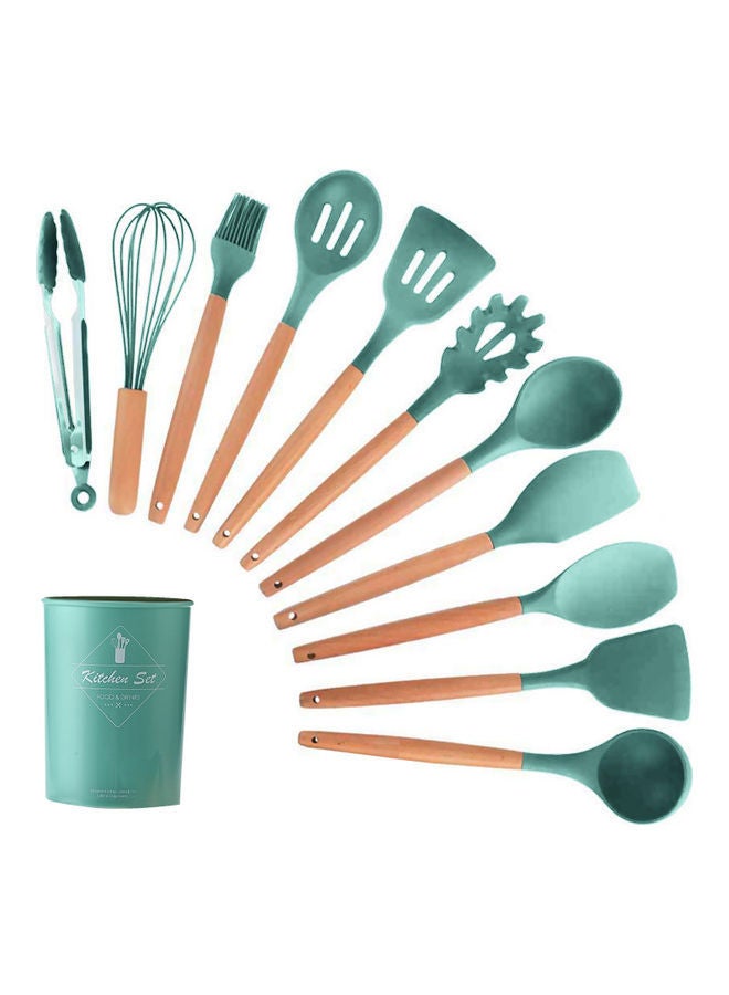 11- Piece Wooden Handle Non Stick Cookware Spoon Set Green - Image 1