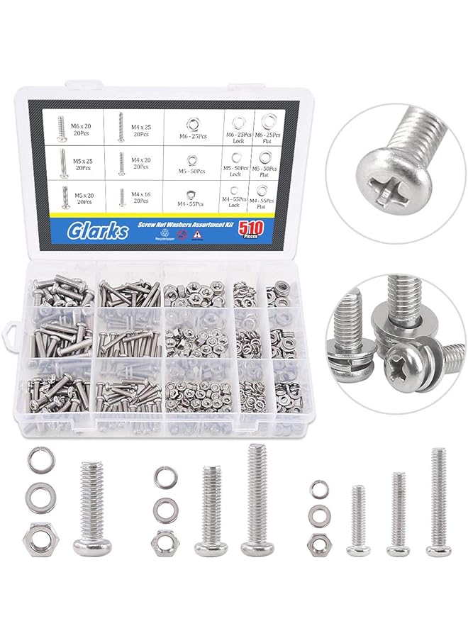 Glarks 510 Pieces Pan Head Stainless Steel Screws Nuts Lock and Flat Gasket Washers Assortment Kit - Image 1