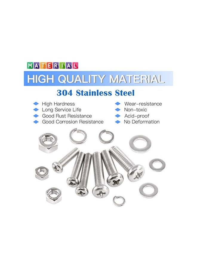 Glarks 510 Pieces Pan Head Stainless Steel Screws Nuts Lock and Flat Gasket Washers Assortment Kit - Image 3