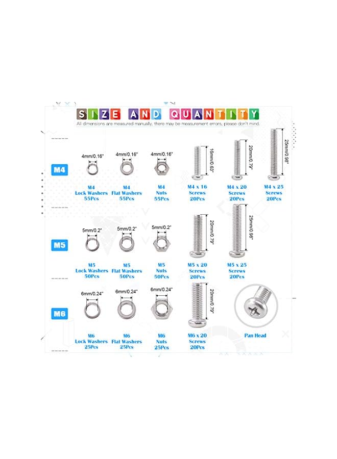 Glarks 510 Pieces Pan Head Stainless Steel Screws Nuts Lock and Flat Gasket Washers Assortment Kit - Image 2