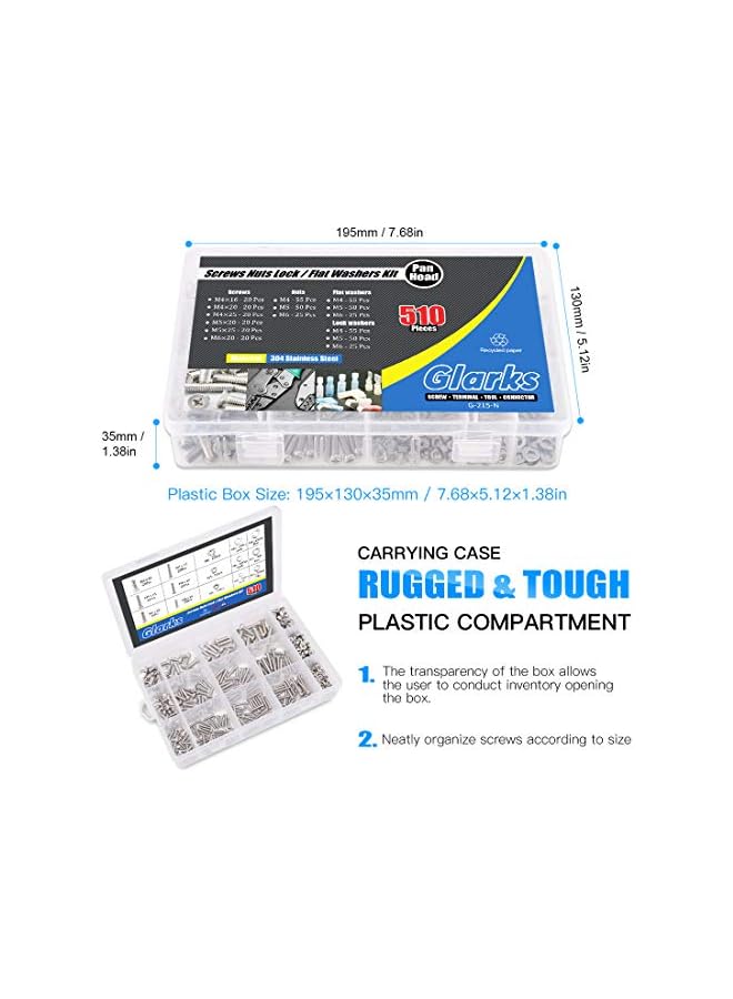 Glarks 510 Pieces Pan Head Stainless Steel Screws Nuts Lock and Flat Gasket Washers Assortment Kit - Image 5