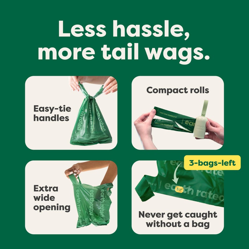 Earth Rated Dog Poop Bags with Handles on Refill Rolls, Easy-Tie on a Compact Roll, Extra Wide Opening, Guaranteed Leak-Proof, Unscented, 105 on Rolls - Image 4
