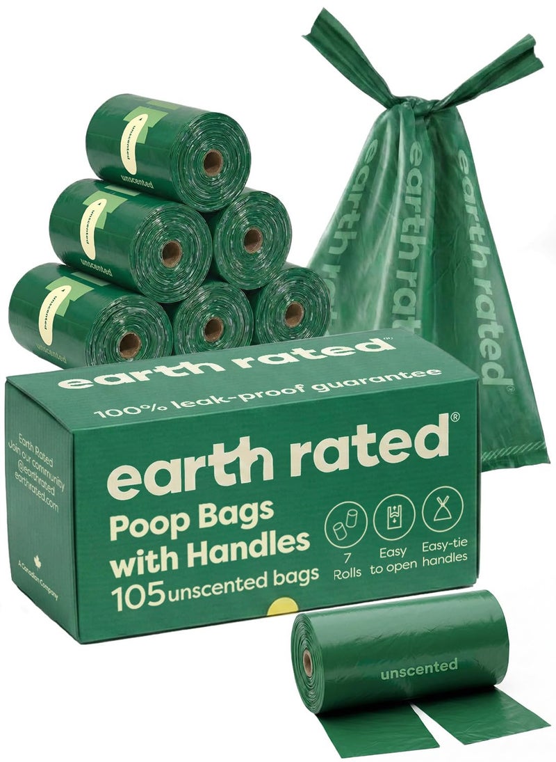 Earth Rated Dog Poop Bags with Handles on Refill Rolls, Easy-Tie on a Compact Roll, Extra Wide Opening, Guaranteed Leak-Proof, Unscented, 105 on Rolls - Image 1