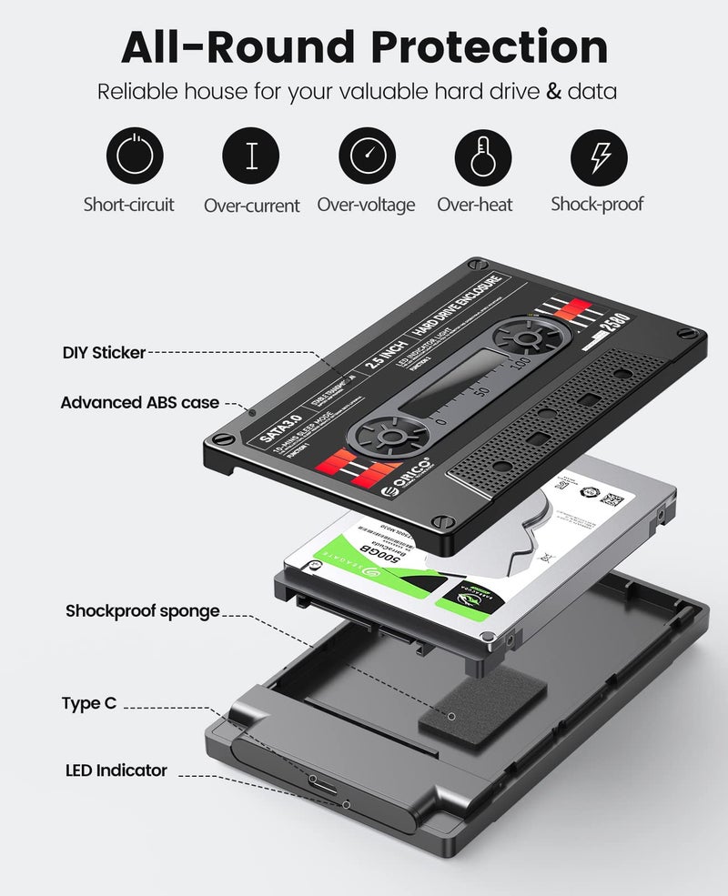 ORICO 2.5 Hard Drive Enclosure USB C to SATA III for 2.5inch SSD HDD 9.5mm 7mm External Hard Drive Case Max 6TB Compatible with WD Seagate Toshiba Samsung Hitachi PS5 Xbox[UASP Supported] - Image 4