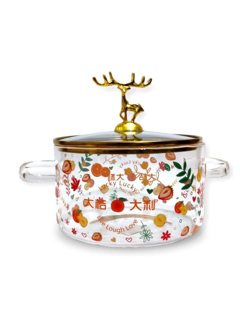 A thermal glass cooking pot placed directly on the fire, with a heat-insulating lid handle in the shape of a golden deer, a healthy thermal prosilica glass cooking pot with a distinctive golden touch